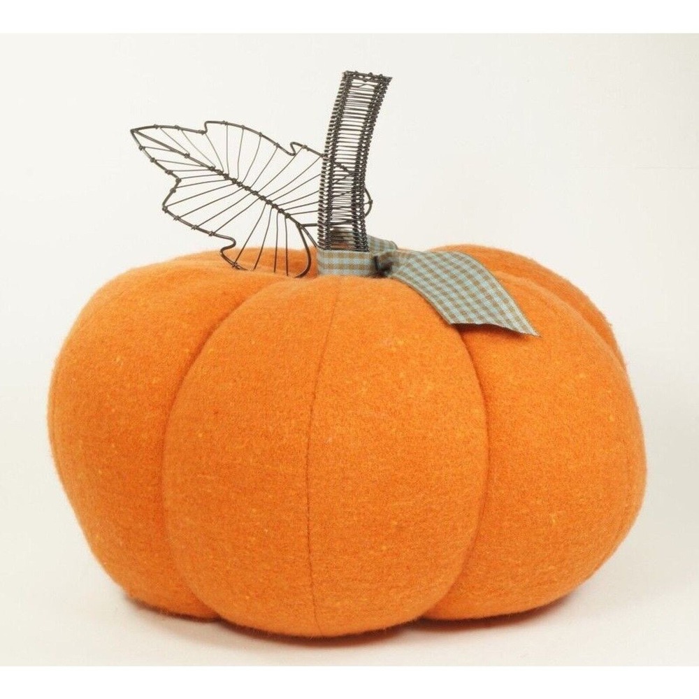 Plush Pumpkin Wire Stem and Leaf Fall Autumn Thanksgiving Halloween Decor